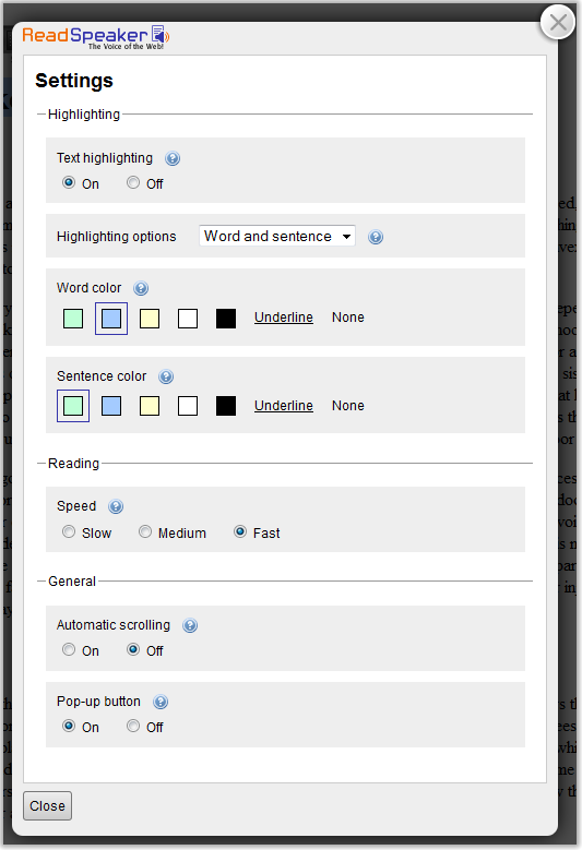 Readspeaker settings screen