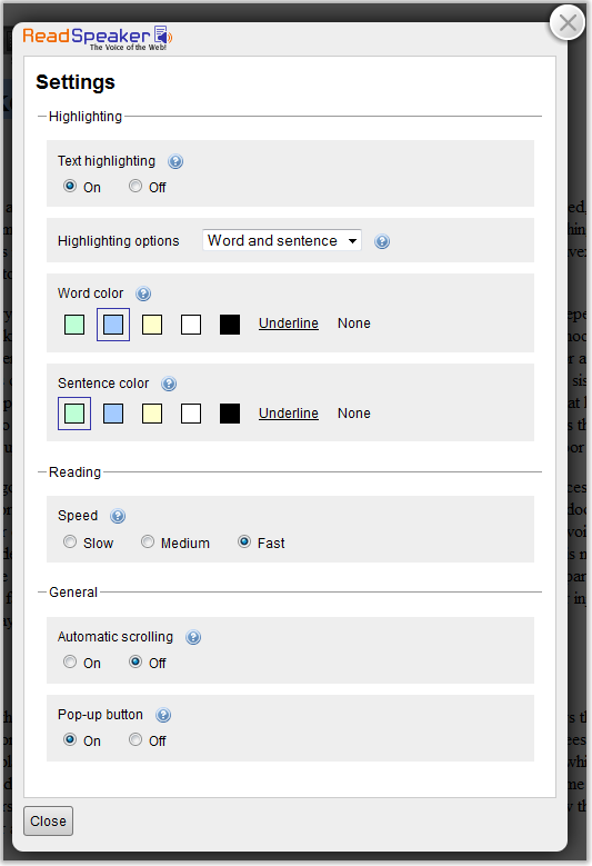 Readspeaker settings screen Readspeaker settings screen